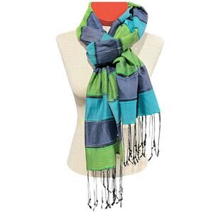 Silk and Cotton Scarf Wrap Blue Green Navy Striped Banded 20 x 80" Fringe Chicos